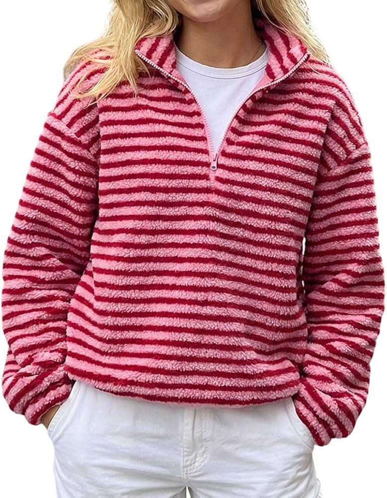 Mxiqqpltky Y2K Fleece Sweatshirt for Women Trendy Half Zip Long Sleeve Striped Sherpa Jacket Warm... | Amazon (US)