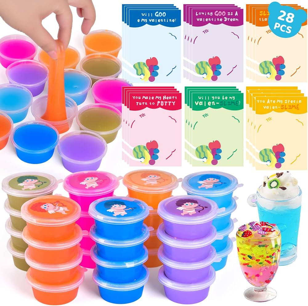 FunLittleToys 28PCs Valentines Day Gifts Cards for Kids with Slime Kit, Putty Valentine Cards Str... | Amazon (US)