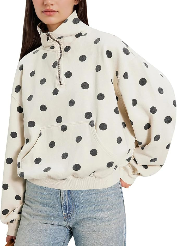 calbatic Women Polka Dot Cropped Sweatshirt Zip Oversized Fleece Pullover | Stand Collar, Vintage... | Amazon (US)