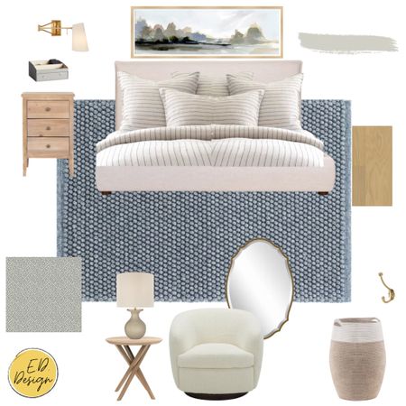 Serene primary bedroom makeover with textured blue gray rug, linen bed, noodle chair, and brass accents  

#LTKhome