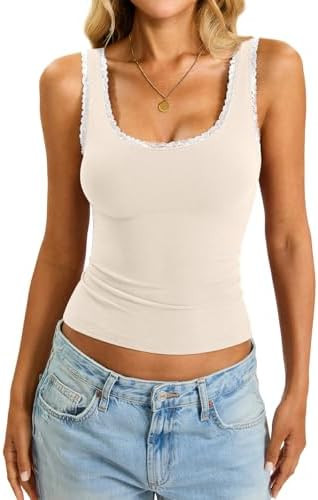 Womens Cotton Lace Trim Tank Tops Slim Fit Scoop Neck Cami Cute Going Out Tops Summer Backless Sl... | Amazon (US)