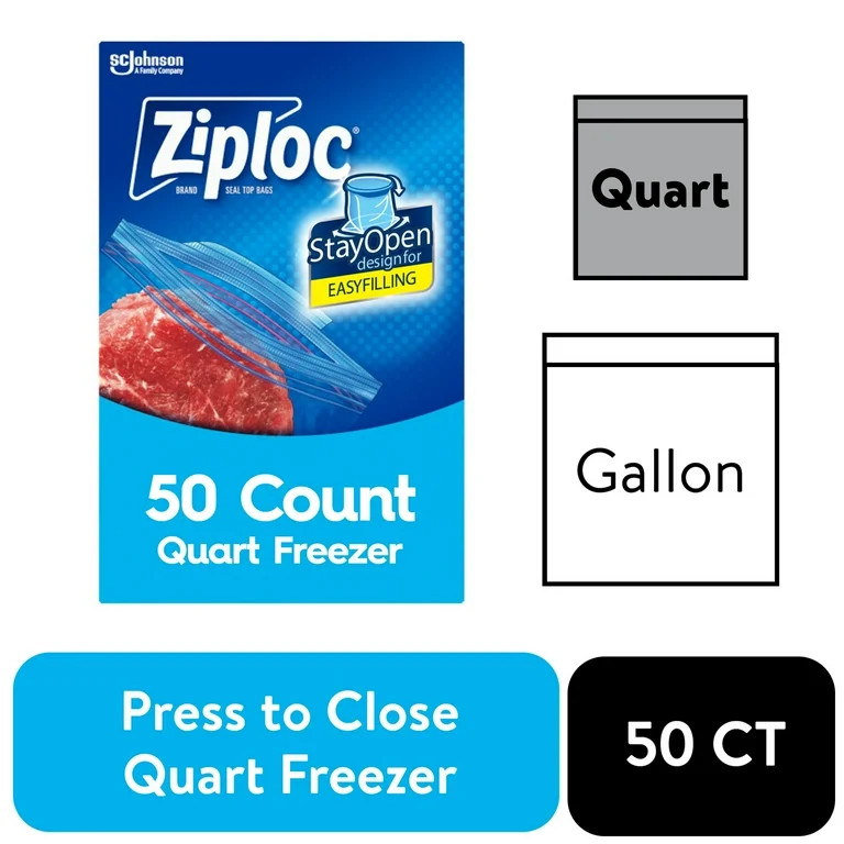 Ziploc Brand Freezer Bags, with Grip 'n Seal Technology, Quart, 50 Count | Walmart (US)