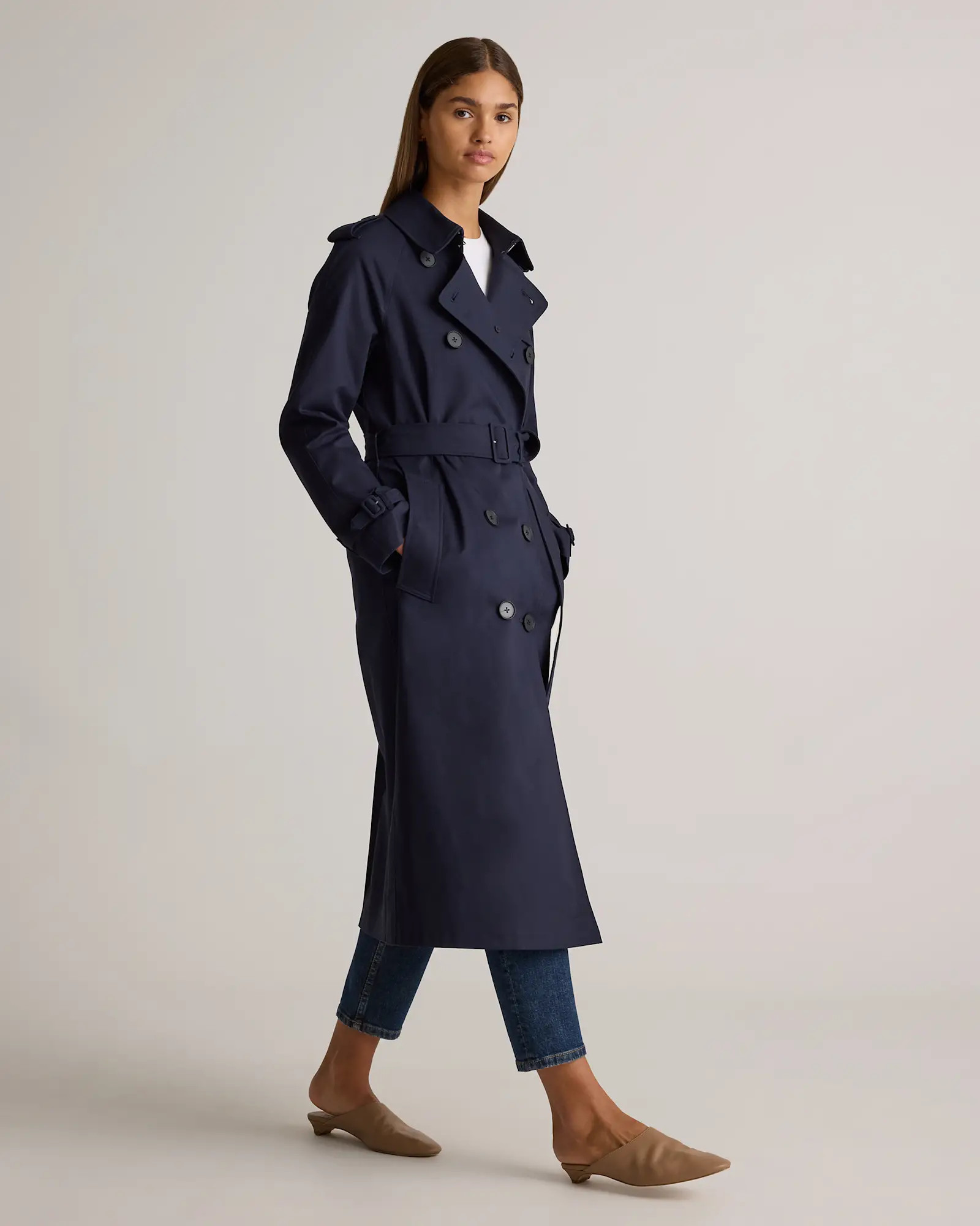 Comfort Stretch Long Trench Coat in Navy | Quince