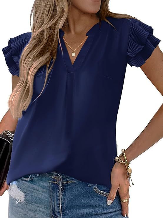 Women's Summer Tops Dressy Casual Notch V Neck Ruffle Short Sleeve Flowy Shirts Cute Blouses Tops | Amazon (US)