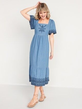 Fit & Flare Flutter-Sleeve Tie-Back Chambray Midi Dress for Women | Old Navy (US)