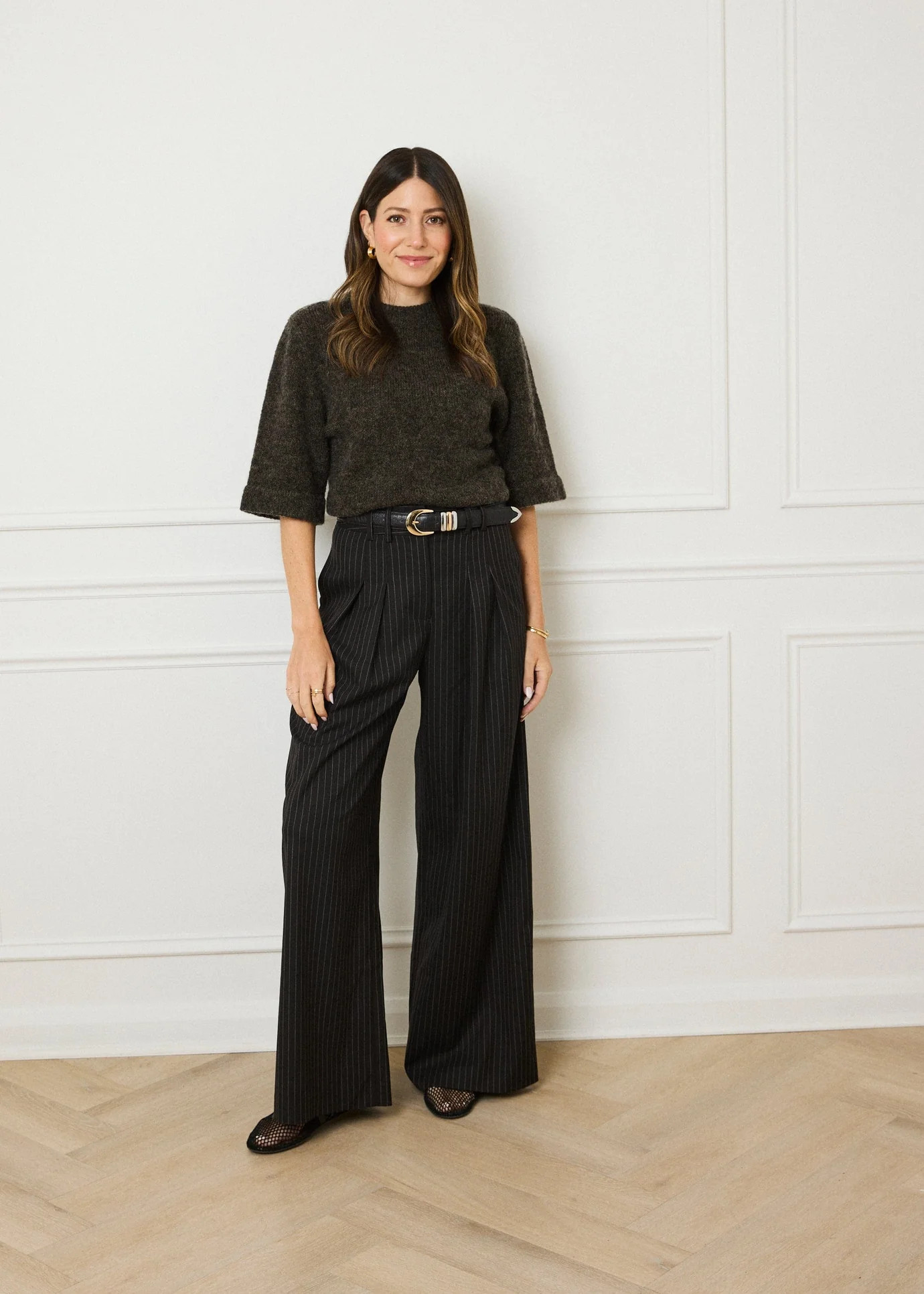 PINSTRIPE TAILORED WIDE LEG TROUSERS - BROWN | WAT The Brand