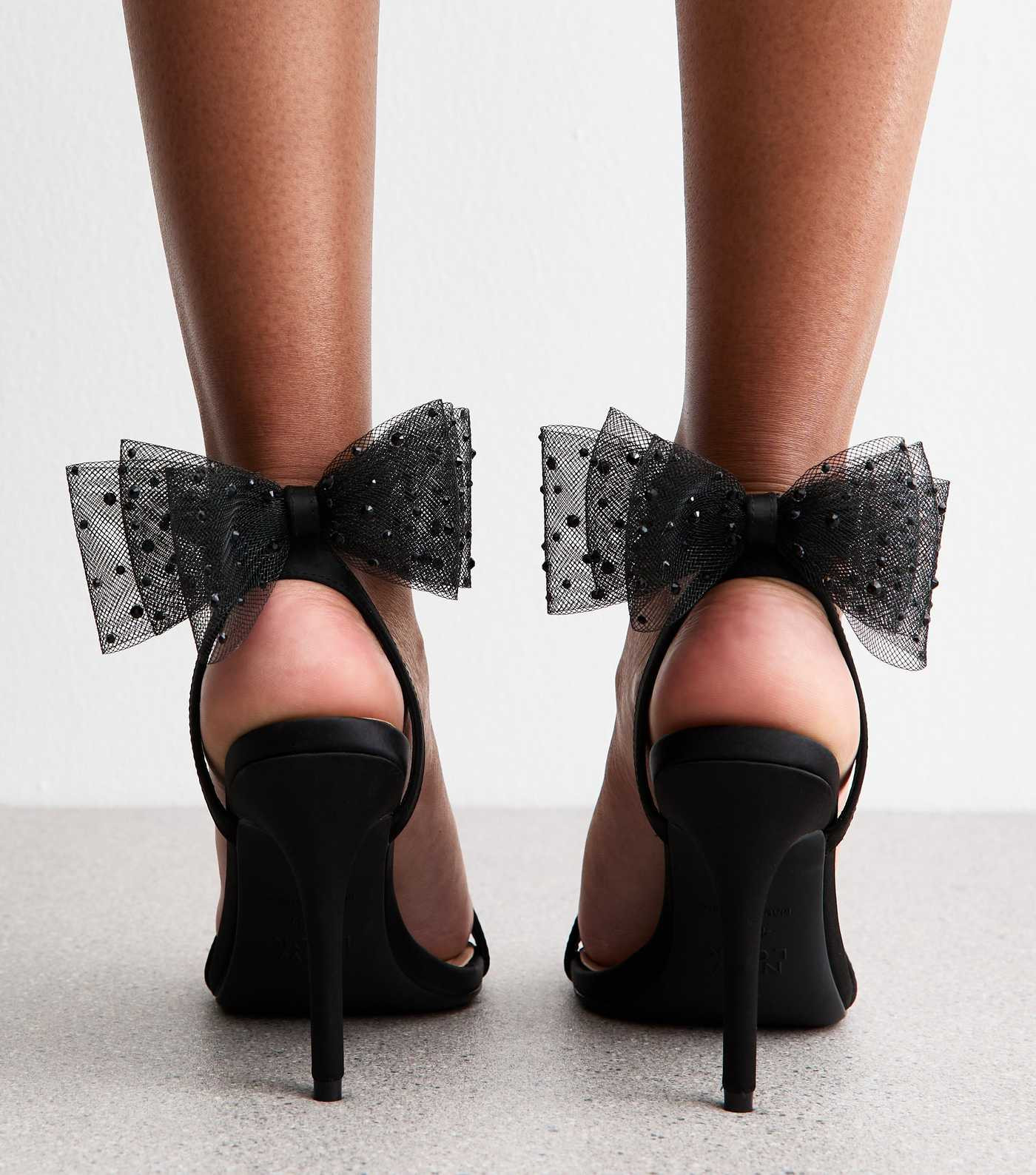 Black Satin Embellished Mesh Bow Sandals | New Look | New Look (UK)