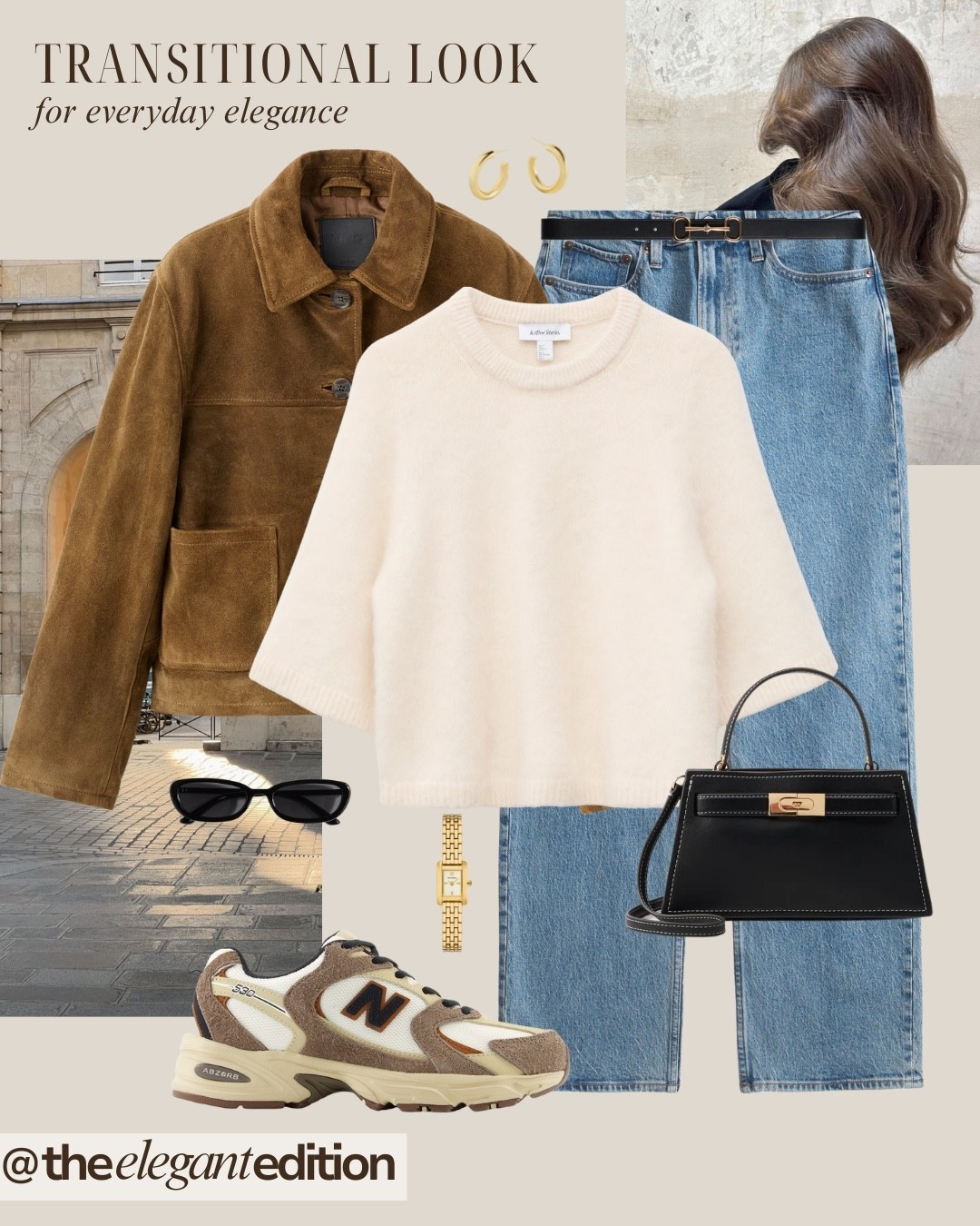 TRANSITIONAL LOOK FOR EVERYDAY ELEGANCE 🤎🤍
brown suede jacket oversized cream knit sweater cozy relaxed blue denim wide leg jeans belted brown leather Adidas Spezial sneakers brown white cream gum sole mini kelly bag black leather structured gold watch bracelet gold earrings chunky sunglasses black cat eye fashion winter casual chic warm neutrals
#LTKeurope #LTKstyletip #LTKunder100

#LTKstyletip #LTKeurope #LTKjeans