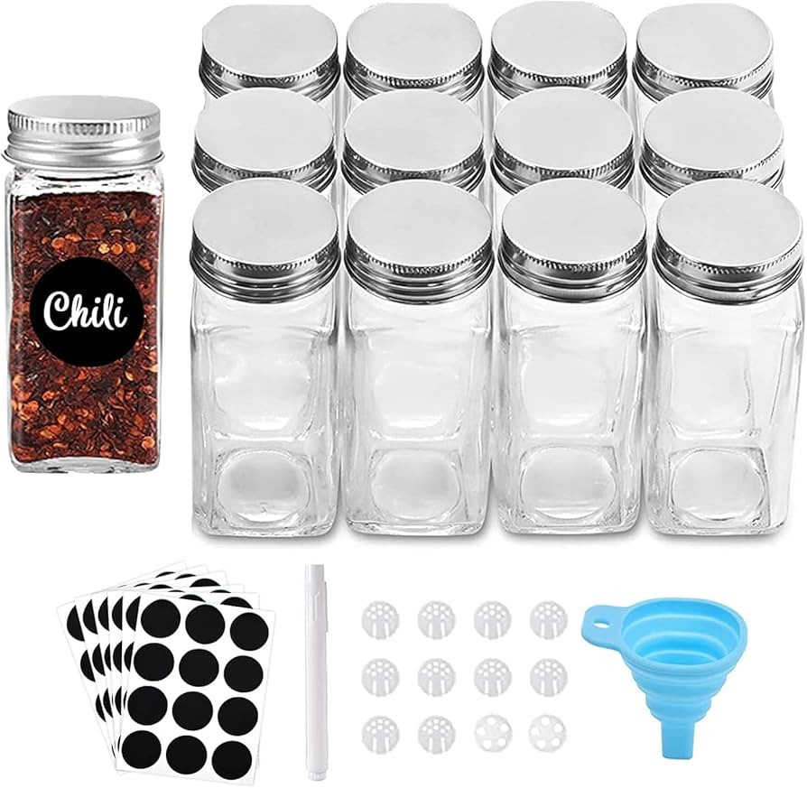 ROYALHOUSE 12 Pcs Glass Spice Jars/Bottles - 4oz Empty Square Spice Containers with Spice Labels ... | Amazon (US)