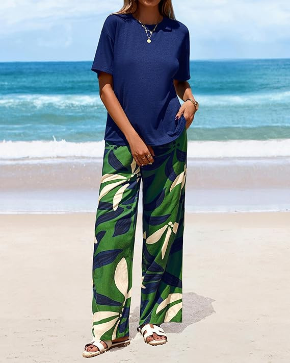 Women Summer 2 Piece Outfits 2026 Short Sleeve Knit Top Floral Print Belted Wide Leg Pant Sets Wi... | Amazon (US)