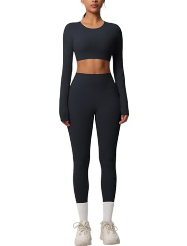 Womens Workout Sets Two Piece Crew Neck Long Sleeve Crop Top Matching Tummy Control High Waist Leggings Set 2 Piece For Women Gym Yoga Active Wear Outfits Athletic Work Out Clothes Black S | Amazon (US)