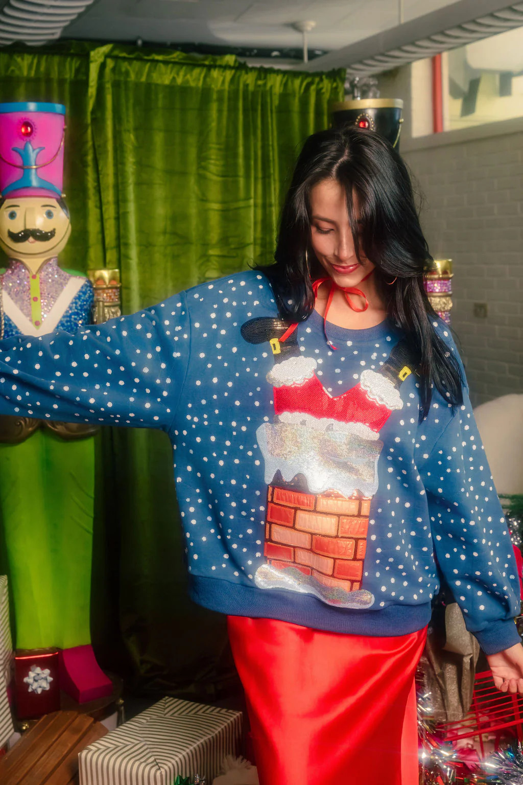 Blue Santa Stuck in Chimney Sweatshirt | Queen of Sparkles