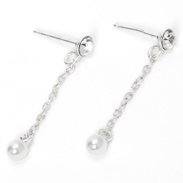 Sterling Silver 1" Crystal Pearl Chain Drop Earrings | Claire's (US)