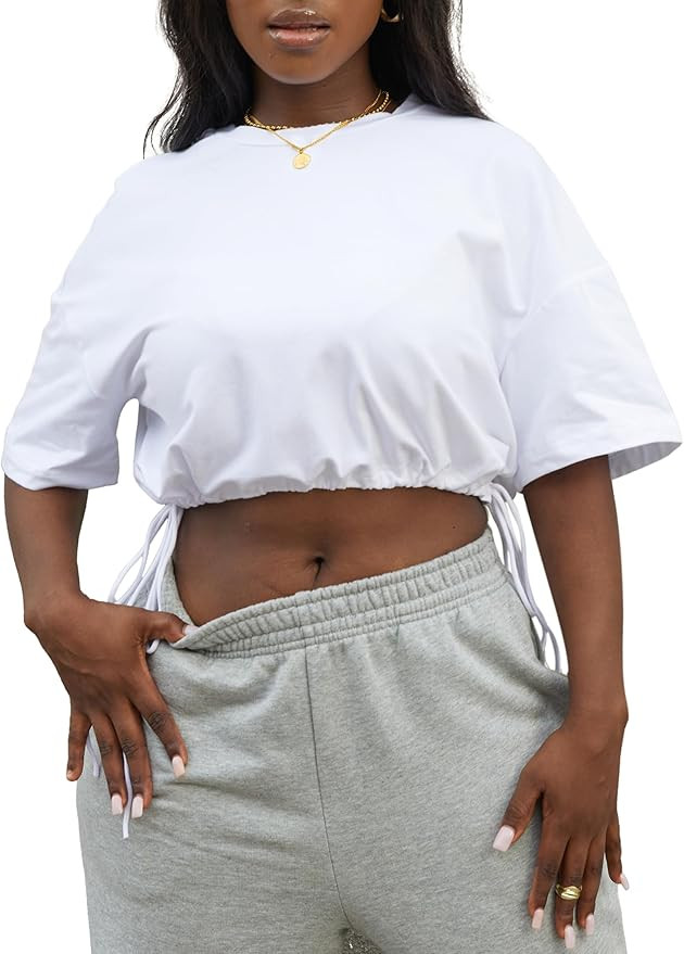 LovelyWholesale Graphic Tees for Women Drawstring Crop Tops Summer Short Sleeve T Shirts | Amazon (US)
