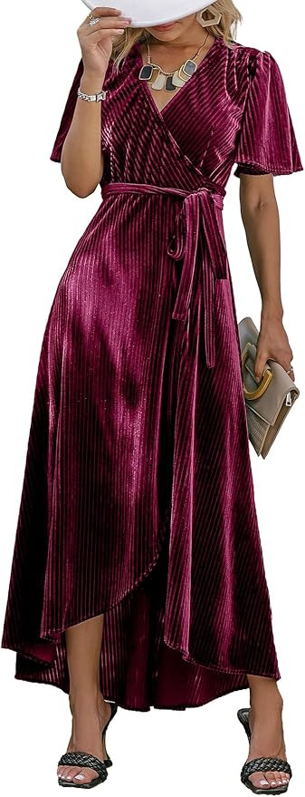 BerryGo Women's Velvet V Neck Wrap Semi Formal Dress Cocktail Party Maxi Dress for Wedding Guest | Amazon (US)