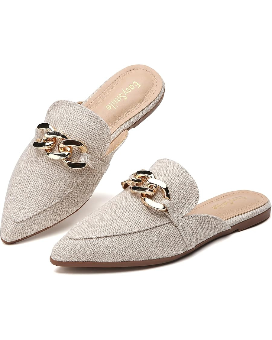Metal Chain Decor Flat Mules for Women Closed Pointed Toe Slip on Loafers Slides Backless Mules S... | Amazon (US)