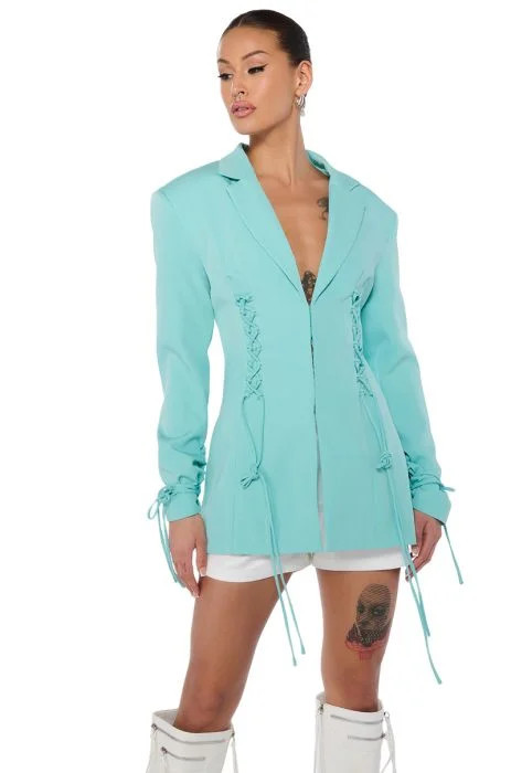 LACED TEAL FITTED BLAZER | AKIRA