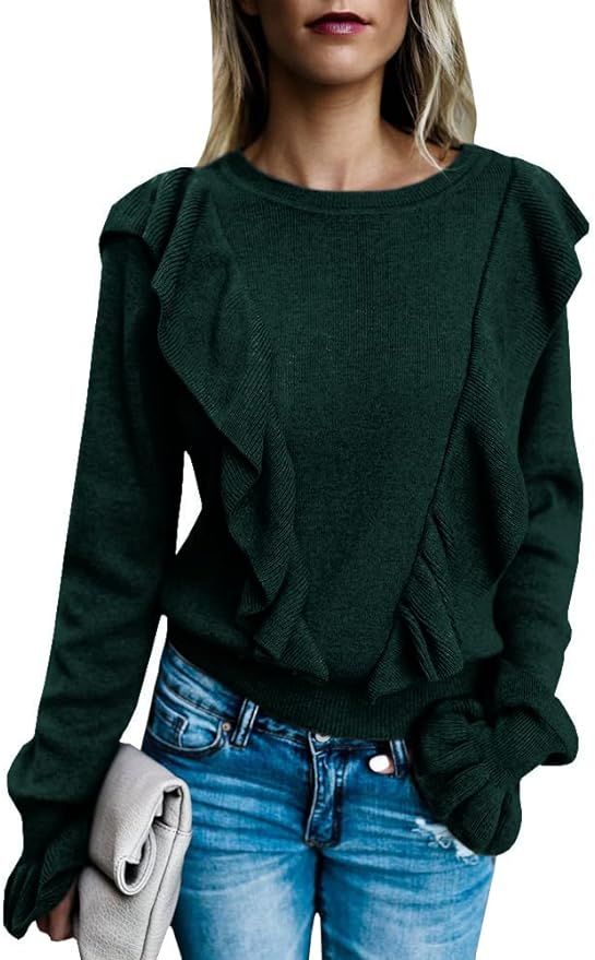 Valphsio Women's Long Sleeve Ruffle Front Rib Knit Shirt Crewneck Puff Pullover Cute Tops | Amazon (US)