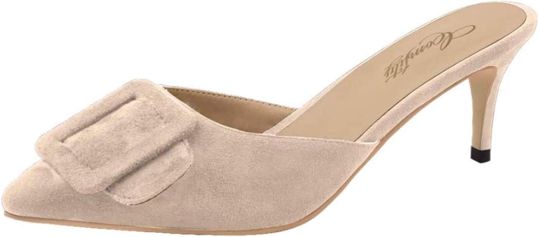 Mule Slippers for Women,Pointed Toe Slides Buckle Kitten Heels Backless Dress Sandals | Amazon (US)
