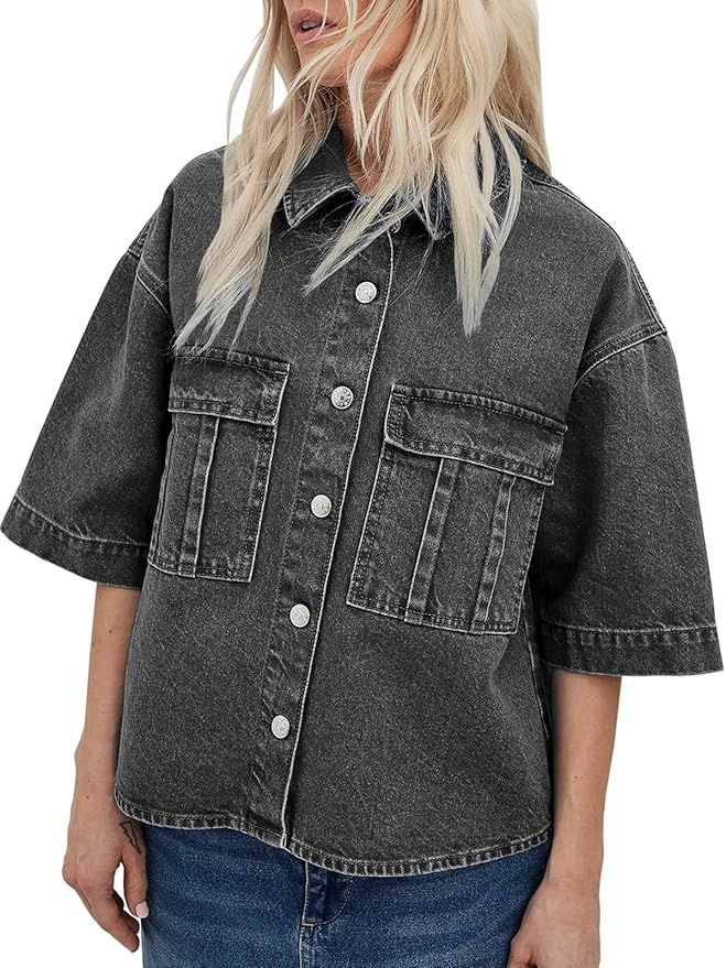 Imily Bela Womens Button Down Denim Jackets Summer Casual Loose Fit Short Sleeve Jean Coats with ... | Amazon (US)