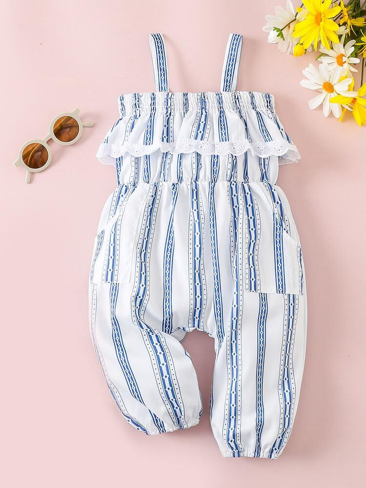 Baby Striped Print Eyelet Embroidery Scallop Trim Cami Jumpsuit | SHEIN