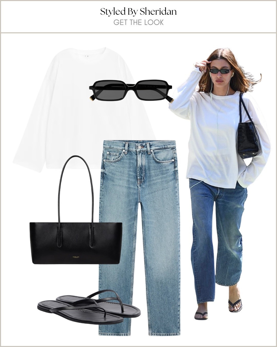 Get The Look 📸 Hailey Bieber wears straight leg jeans with an oversized long sleeved tshirt, sandals & black accessories

#LTKsummer #LTKspring #LTKjeans