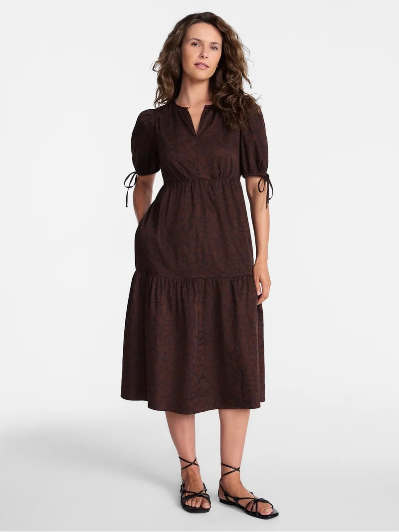 Time and Tru Women's Tiered Midi Dress with Tie Puff Sleeves, Sizes XS-XXXL | Walmart (US)