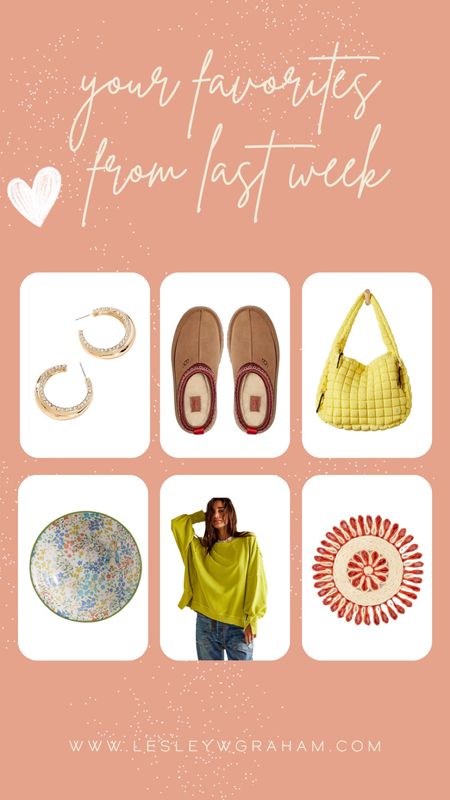 Top favorites last week. Gold hoop earrings. Ugg slippers, yellow carryall bag. Peter rabbit bowls. Easter bowls. Yellow shirt. Woven placemat. 

#LTKhome #LTKover40 #LTKstyletip