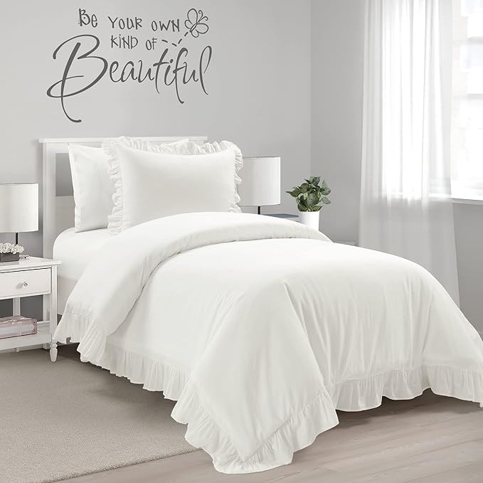 Lush Decor Reyna Ruffle 100% Cotton Duvet Cover Set - 2 Piece Cozy Ruffled Bedding Set - Timeless... | Amazon (US)