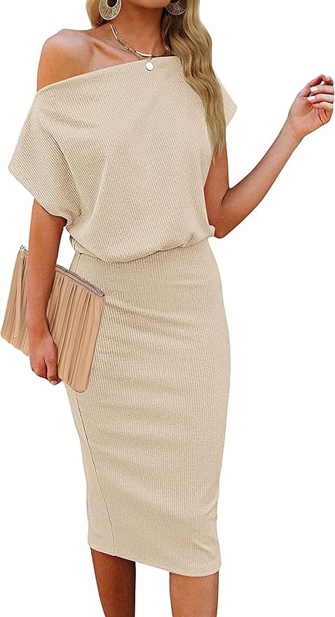 MEROKEETY Women's Off The Shoulder Short Sleeve Midi Dress Summer Ribbed Bodycon Dress for Party | Amazon (US)