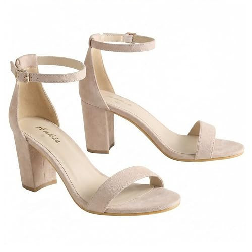 Ankis Heels for Women Open Toe Ankle Strap Chunky Heel Sandals 2.75 Inch, Nude Suede, 8 UK | Amazon (US)