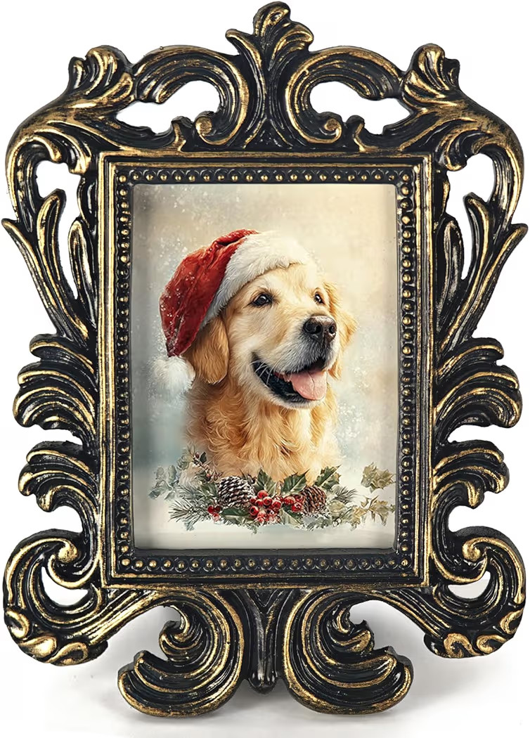 Vintage Christmas Dog Golden Retriever Small Picture Frame, Winter Mini Ornate Photo Frame for Ta... | Amazon (US)