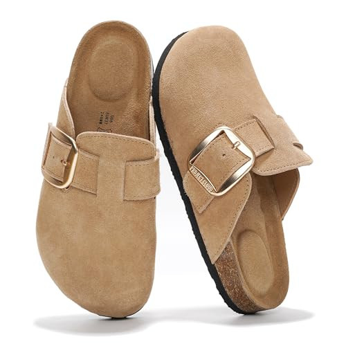 Project Cloud Genuine Leather Clogs for Women Shoes - Memory Foam Insole, Non-Slip & Natural Cork Footbed Arch Support Big Buckle Womens Clogs and Mules for Women Footwear(Manchester_W,BEIG, 8.5) | Amazon (US)
