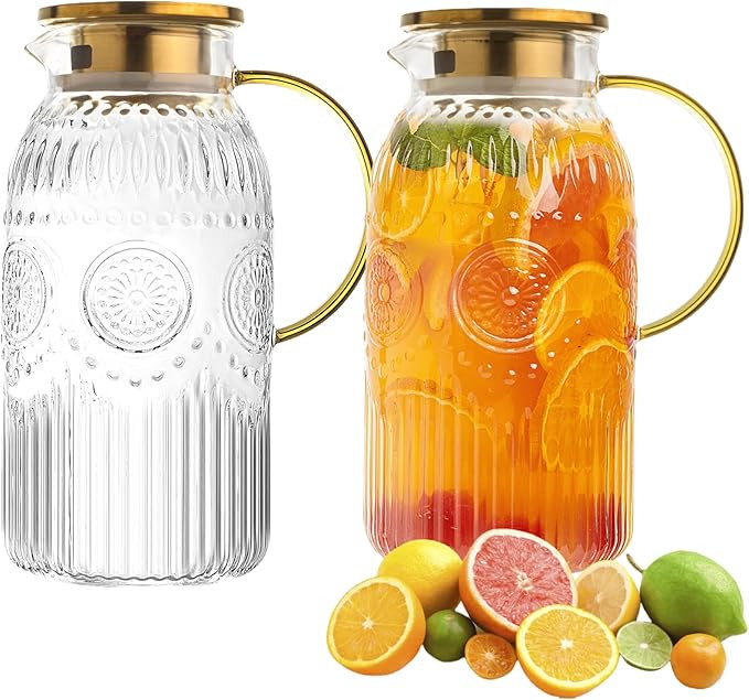 Amzcku Glass Pitcher with Lid, 68 oz/ 2 Liter 2Pack Vintage Water Pitcher,Glass Water Carafe for ... | Amazon (US)