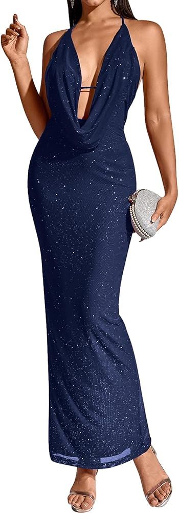 KUTUMAI Women Sexy Sequin Bodycon Maxi Dress V Neck Split Back Formal Evening Cocktail Party Long... | Amazon (US)