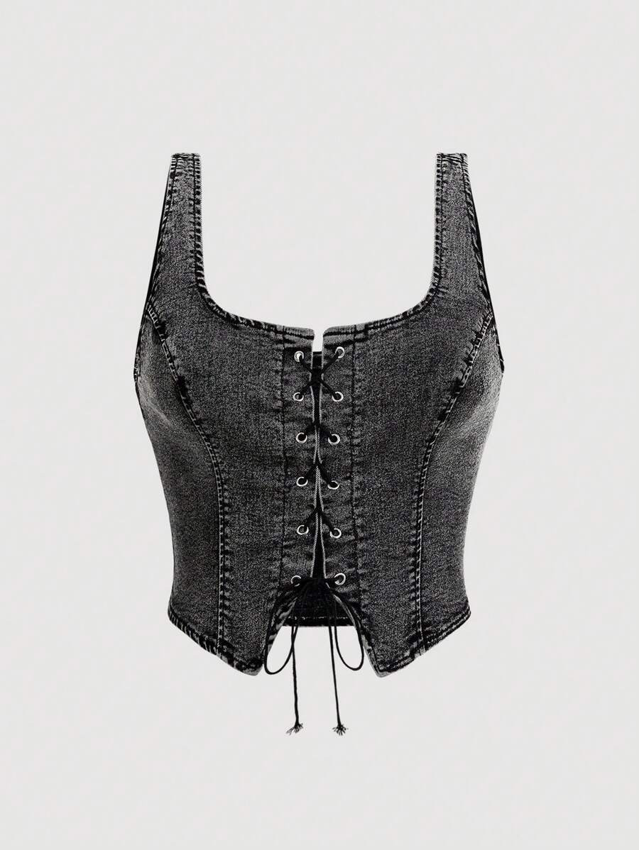 SHEIN MOD Plus Size Casual Washed Criss-Cross Strap Sleeveless Denim Blouse | SHEIN