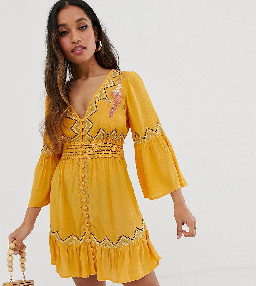 ASOS DESIGN Petite lace insert mini dress with embroidery-Yellow | ASOS (Global)