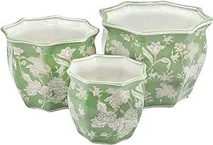 Galt International Green & White Round Fluted Floral Porcelain Ceramic Plant Flower Planter Pot S... | Amazon (US)