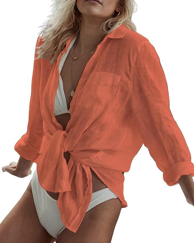Bsubseach Women Long Sleeve Beach Shirt Blouses Bathing Suit Cover Up Button Down Collar | Amazon (US)