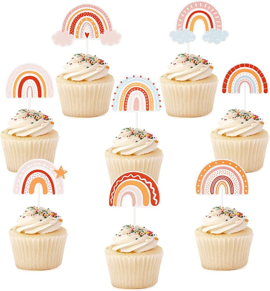 Boho Rainbow Cupcake Toppers, Bohemian Rainbow Cupcake Picks for Boys Girls Neutral Baby Shower D... | Amazon (US)