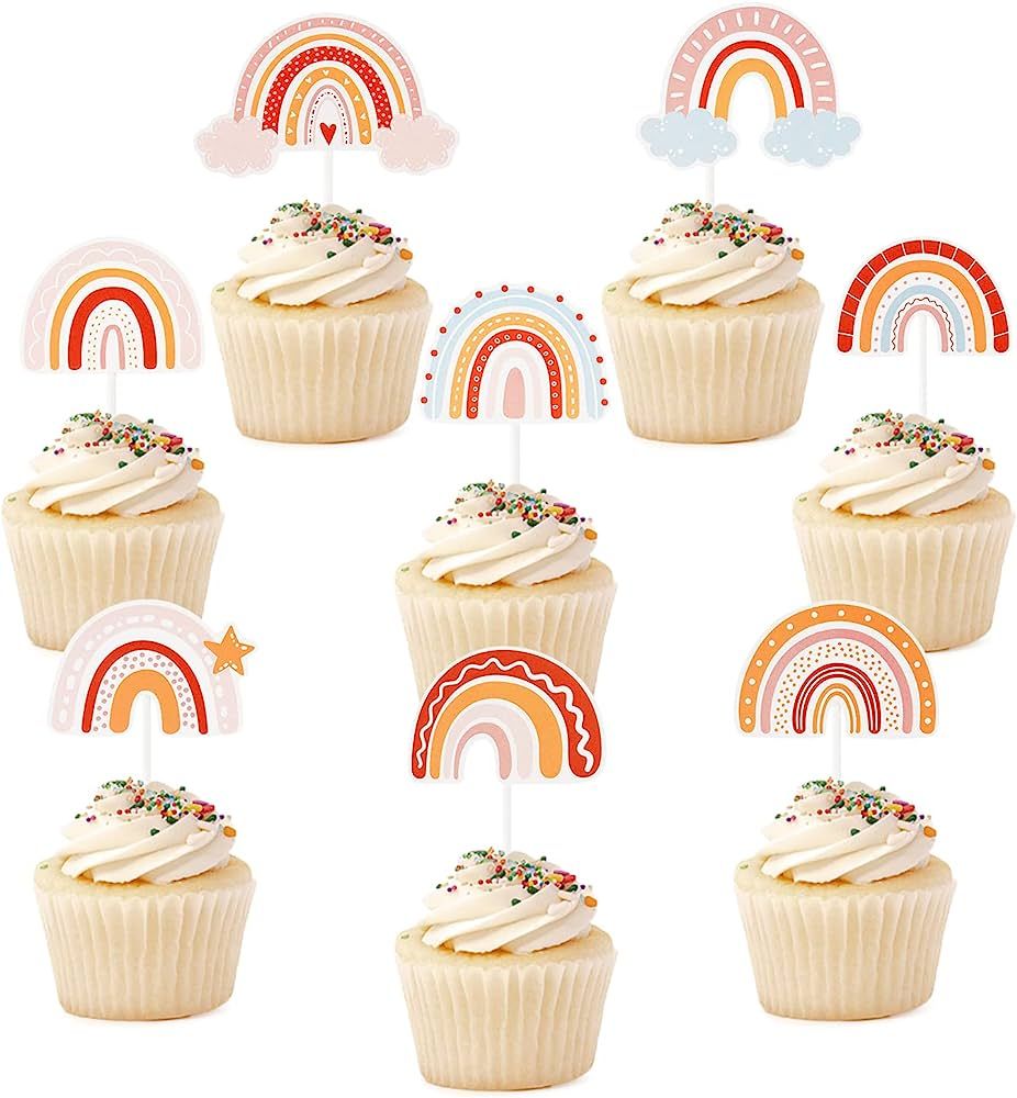 Boho Rainbow Cupcake Toppers, Bohemian Rainbow Cupcake Picks for Boys Girls Neutral Baby Shower D... | Amazon (US)