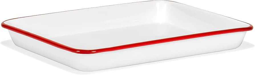 Red Co. 11" x 9" Enamelware Metal Classic 2 Quart Rectangular Serving Tray, Solid White/Red Rim | Amazon (US)