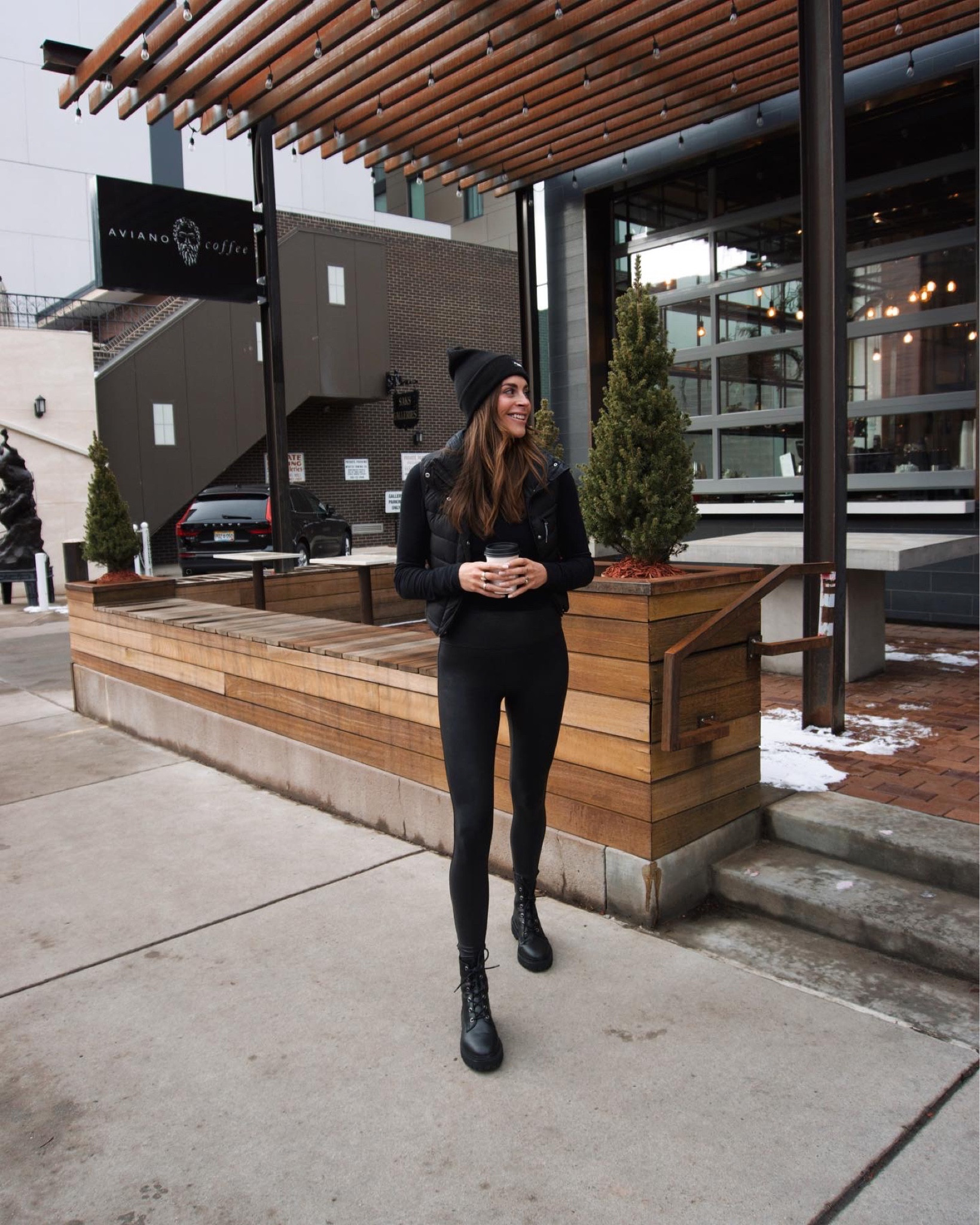 All black, elevated casual, sporty casual look. Combat boots,
 (TTS), puffer vest, faux leather leggings (wearing a small)

#LTKunder100 #LTKstyletip #LTKsalealert