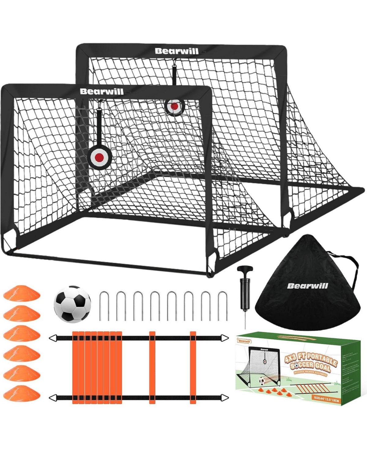 Bearwill Kids Soccer Goal Set of 2, 4x3FT Pop Up Backyard Goals with Training Kit - Includes Portable Nets, Ball, Cones, Ladder & Targets - Black | Macy's
