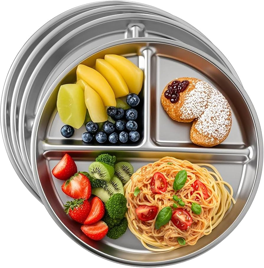 4pcs 304 Stainless Steel Kids Plates，9"Non-Toxic Circular Portion Control Plate，Suitable For ... | Amazon (US)