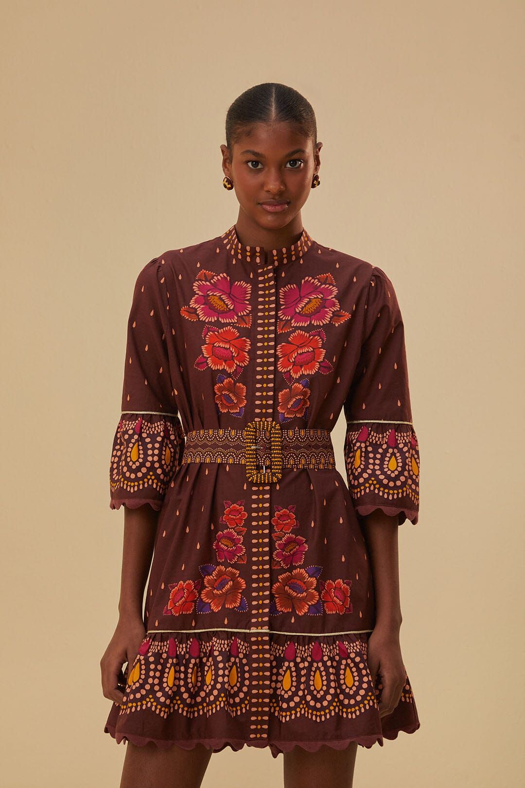 brown bright flora short sleeve mini dress | FarmRio