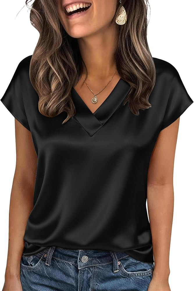 Zeagoo Women Silk Satin Tops Cap Short Sleeve Blouse V Neck Shirts Business Casual Outfits S-2XL | Amazon (US)
