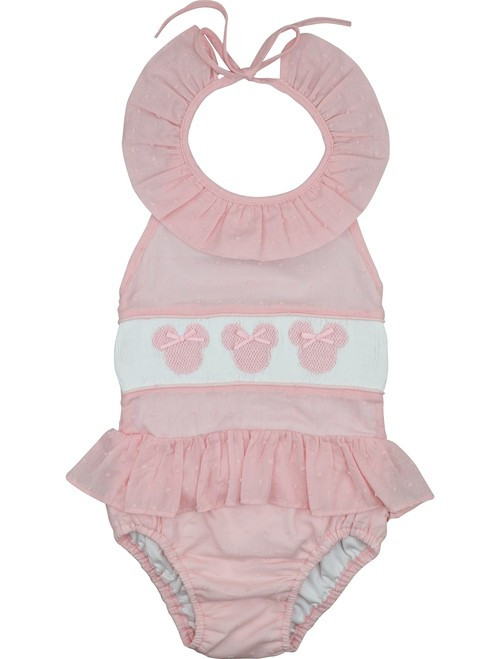 Pink Swiss Dot Smocked Mouse Ears Swimsuit | Cecil and Lou