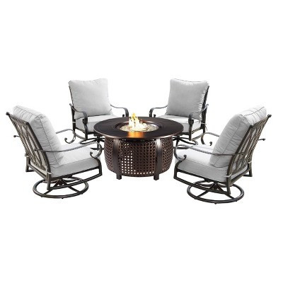 5pc Set with 44" Round Outdoor Aluminum Fire Table & Four Swivel Rocking Chairs & Wind Blocker Lid - Oakland Living: Weather-Resistant | Target