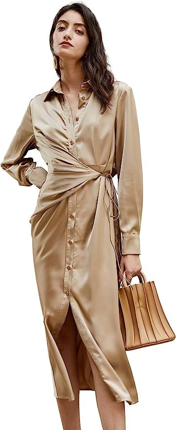 Women's Long Sleeve Midi Wrap Button Up Shirt Dress Satin Casual Flow Dresses Holiday Summer Beac... | Amazon (US)